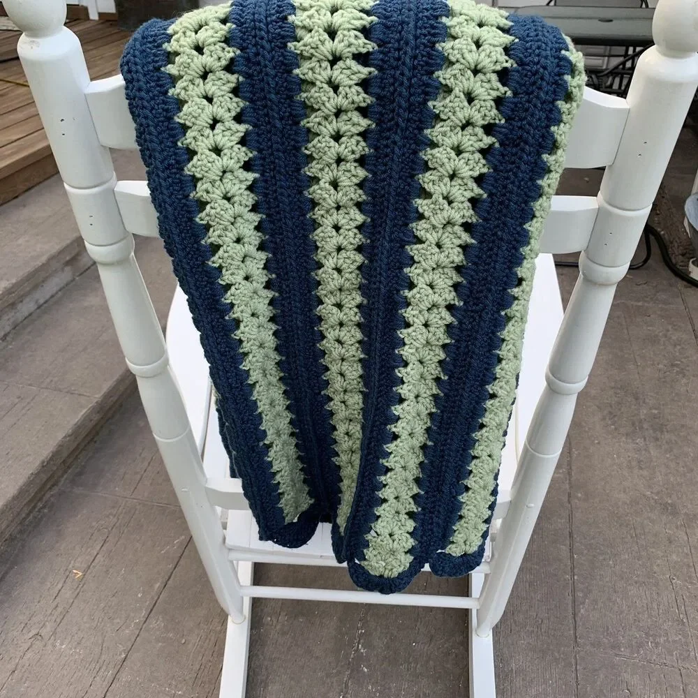 Vintage Crocheted Afghan Blanket Navy Blue Muted Green 65” x 46” Rounded Ends